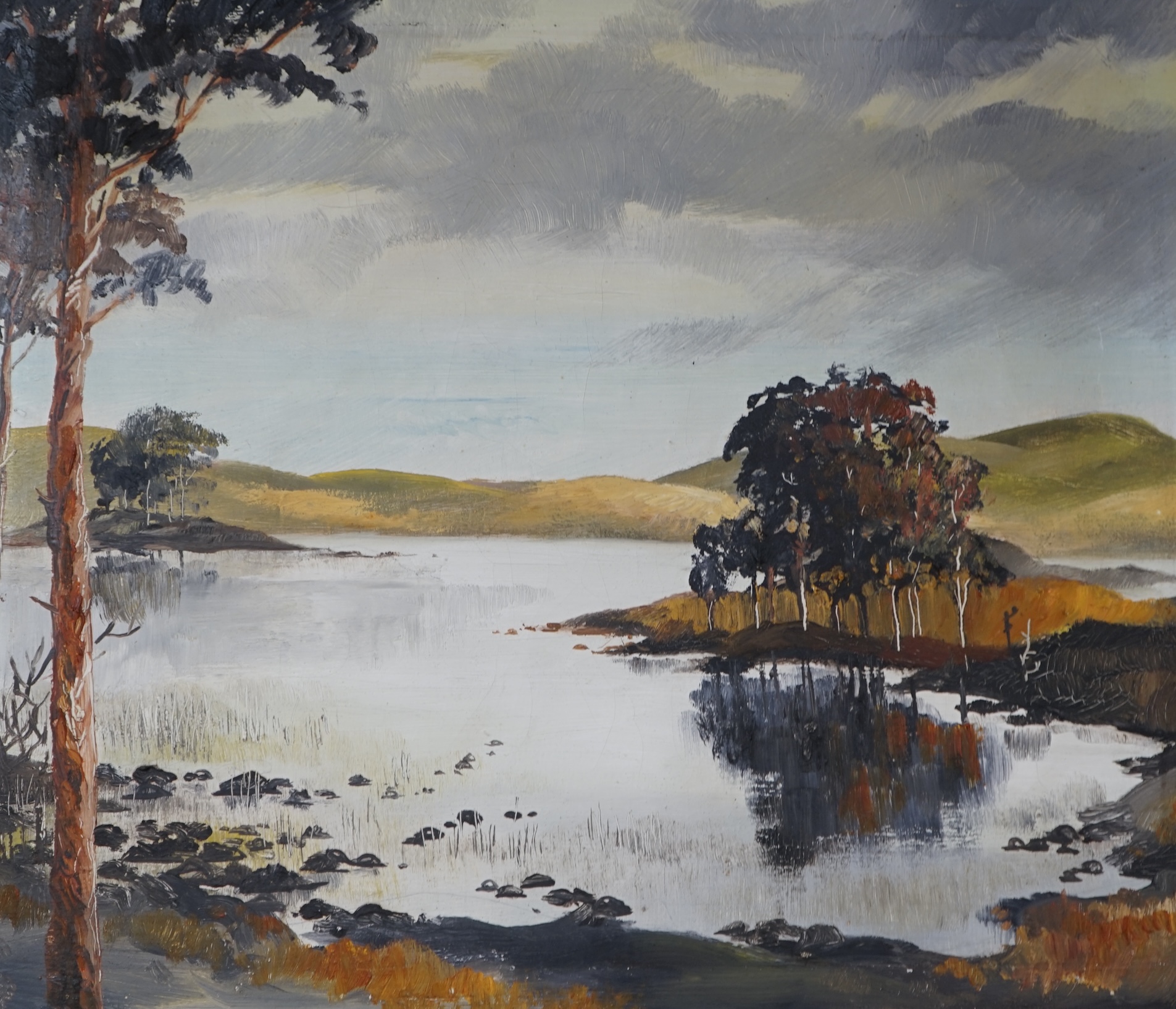 Oil on canvas, Lakeside landscape with trees, unsigned, 49 x 60cm. Condition - good